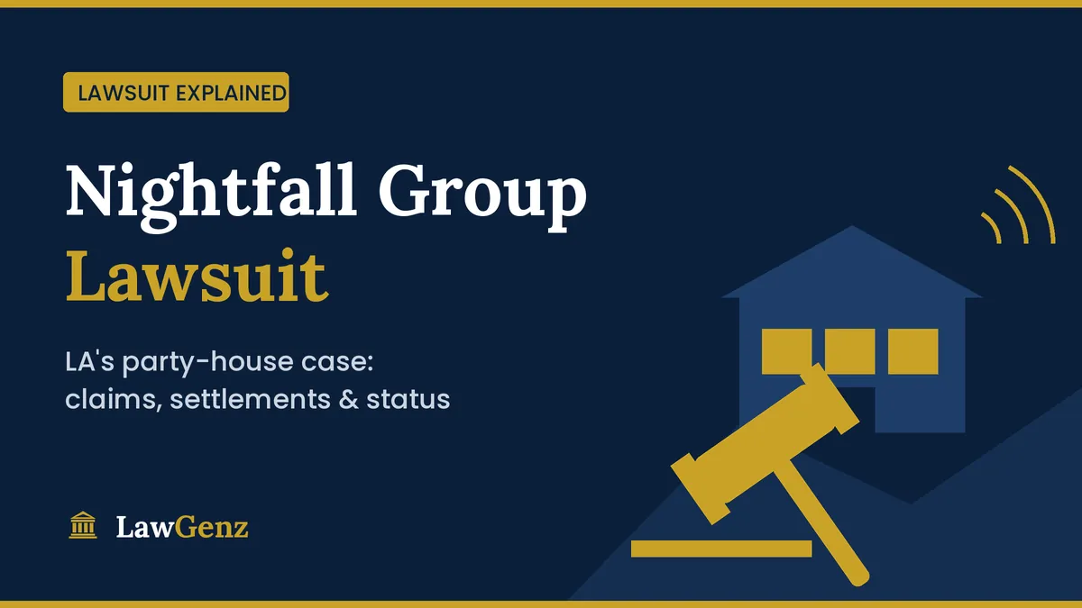 Nightfall Group lawsuit explained: Los Angeles party-house case graphic with a house and gavel