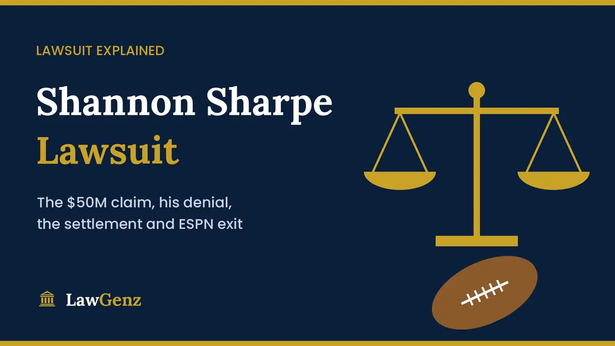 Shannon Sharpe lawsuit explained: scales of justice and a football on a LawGenz graphic