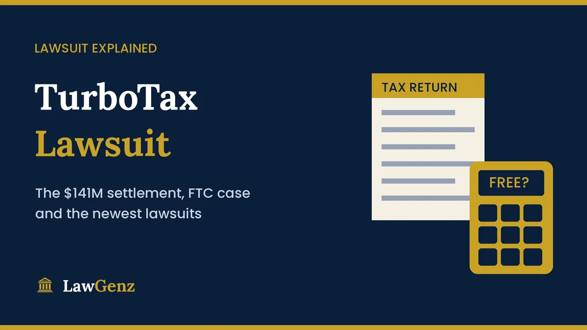 TurboTax lawsuit explained: tax return form and calculator on a LawGenz graphic